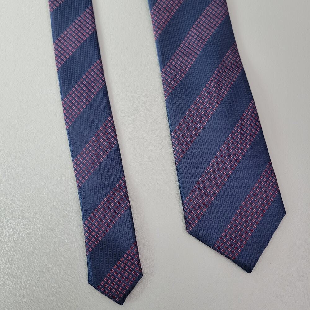 Men's Egara All Silk Neck Tie Navy Blue Red Striped Jacquard Long Woven 60x3